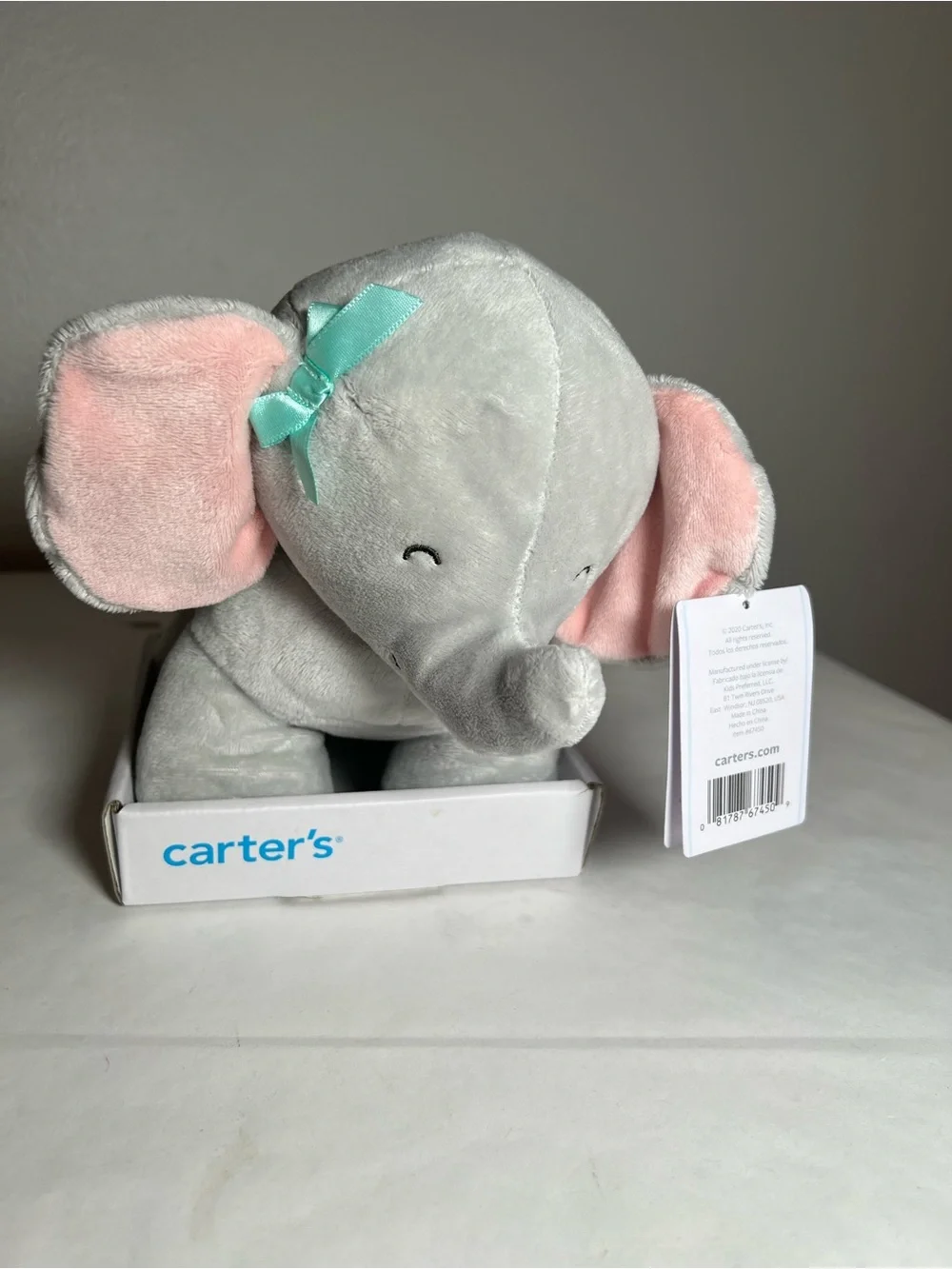 Carter's Plush Gray &‎ Pink Elephant with Teal Bow New 2020